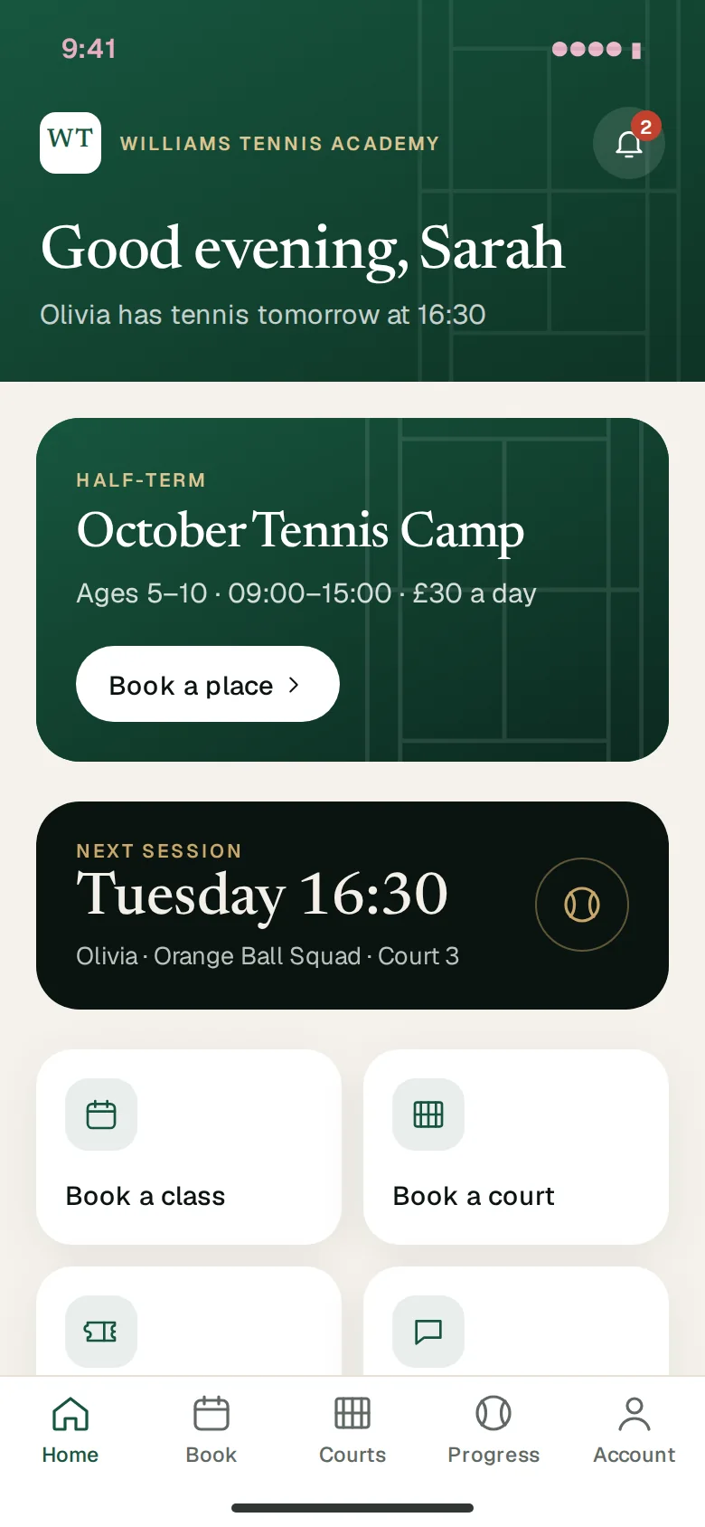 A parent's home screen in an example club's app, showing the next session and a half-term camp