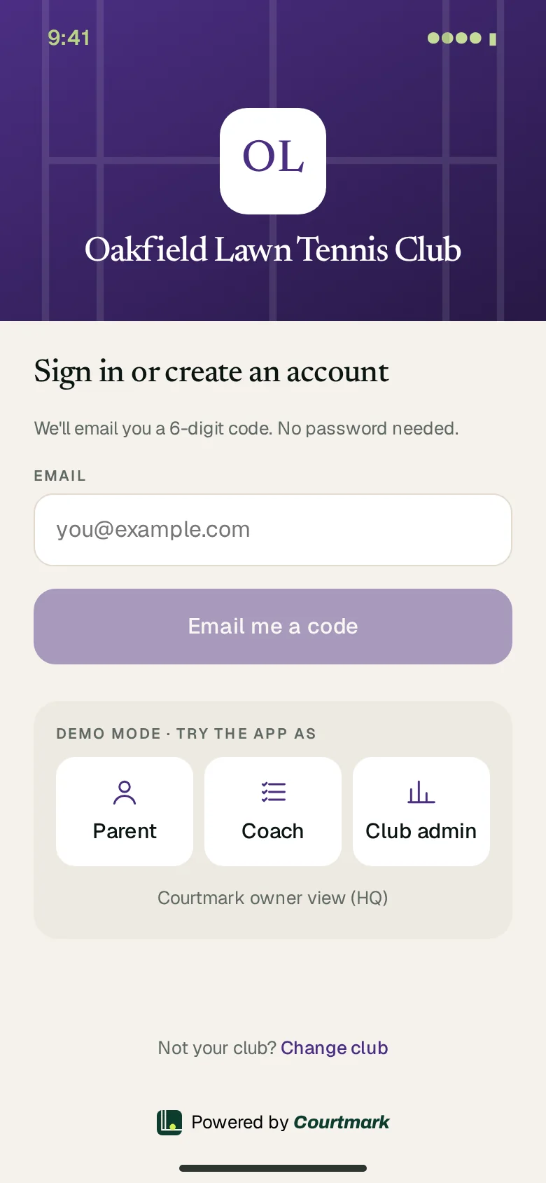 An example club's opening screen in purple with its initials and name